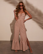 Tan Multi % Best Escape Cotton Linen Strapless Slit Leg Jumpsuit-1
