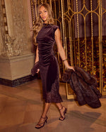 Martini Moment Velvet Mock Neck Lace Trim Maxi Dress
