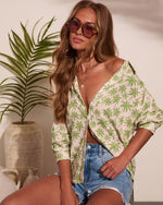 Sunset Escape Palm Print Linen Blend Button Down Top