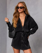 Black % Aster Plisse Button Down Shirt Dress-1