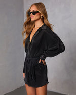 Black % Aster Plisse Button Down Shirt Dress-3