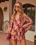 Lennora Floral Wrap Tie Feather Trim Romper
