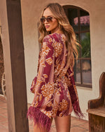 Lennora Floral Wrap Tie Feather Trim Romper