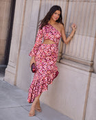 Burgundy Floral % Right Moment One Shoulder Asymmetric Midi Dress-7