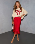 Red Multi % Oleandra Satin Lace Trim Midi Skirt-1