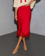 Red Multi % Oleandra Satin Lace Trim Midi Skirt-6