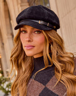 Korey Faux Suede Buckle Band Newsboy Cap