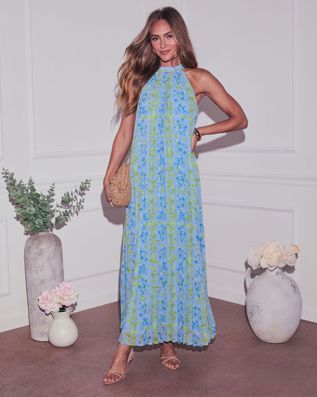 Vaughn Floral Pleated Halter Maxi Dress – VICI