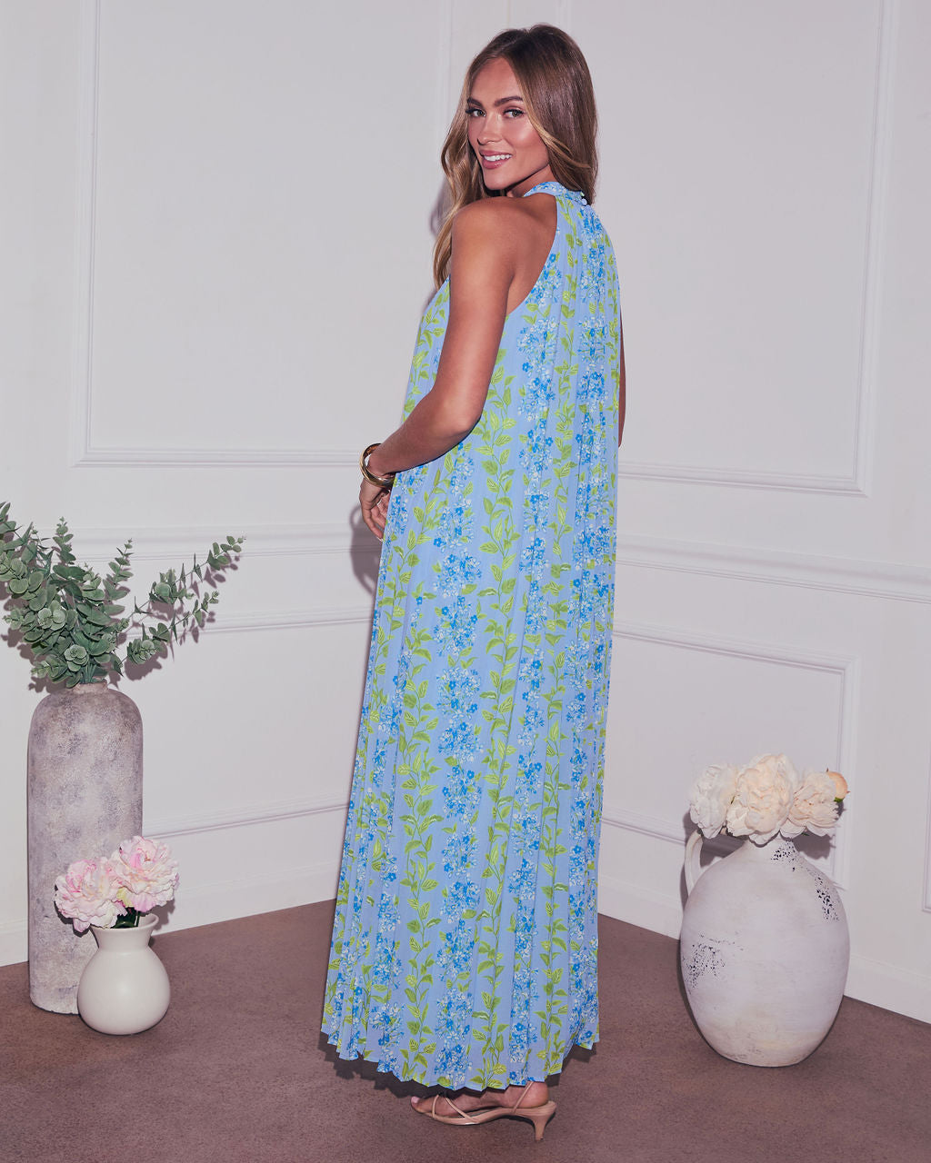 chinese dress ladies Vaughn Floral Pleated Halter Maxi Dress – VICI