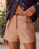 Camel % Flip The Switch Pocketed Faux Leather Shorts-5