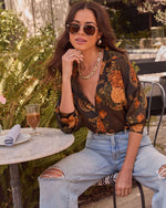 Olive Multi % Fallowed Field Print Button Up Top-5