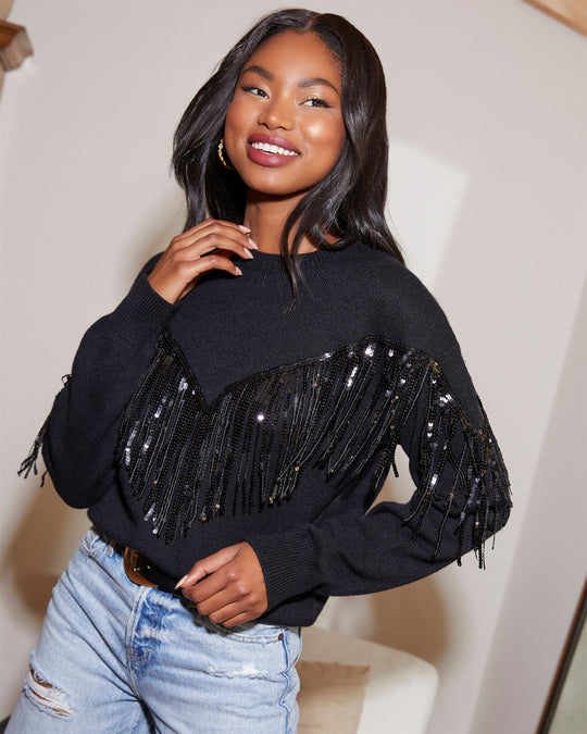 Western Glam Knit Fringe Sequin Pullover Sweater