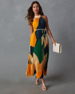 Desert/Multi % Cheyenne Abstract Pleated Halter Midi Dress-2