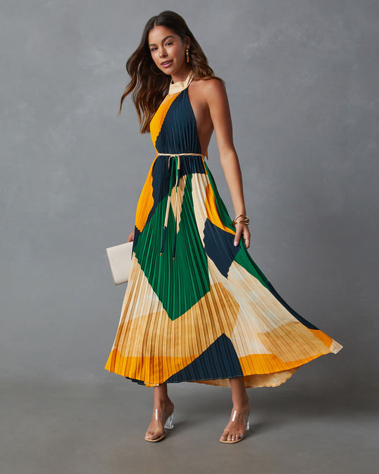 Cheyenne Abstract Pleated Halter Midi Dress