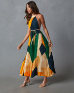 Desert/Multi % Cheyenne Abstract Pleated Halter Midi Dress-5