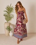 Brown Floral % Sunset Tropics Zigzag Print Empire Maxi Dress-5