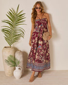 Brown Floral % Sunset Tropics Zigzag Print Empire Maxi Dress-1
