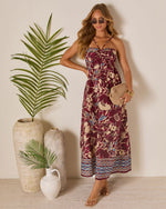 Brown Floral % Sunset Tropics Zigzag Print Empire Maxi Dress-6