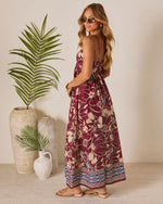 Brown Floral % Sunset Tropics Zigzag Print Empire Maxi Dress-4