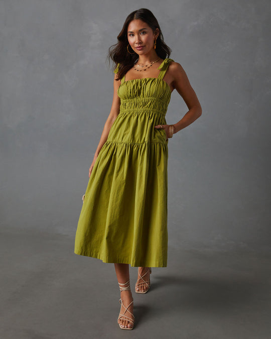 Green % Briella Tie Shoulder Tiered Midi Dress-1