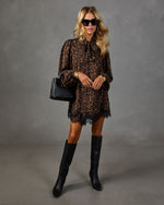 Marie Leopard Print Lace Trim Neck Tie Mini Dress