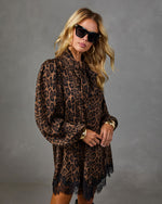 Marie Leopard Print Lace Trim Neck Tie Mini Dress