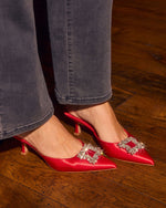 Red Satin % Lets Dance Rhinestone Buckle Mule-6