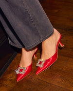 Red Satin % Lets Dance Rhinestone Buckle Mule-4
