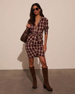 Burgundy/Multi % Archie Cotton Ruched Plaid Shirt Dress-1