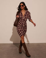 Burgundy/Multi % Archie Cotton Ruched Plaid Shirt Dress-5