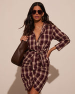 Burgundy/Multi % Archie Cotton Ruched Plaid Shirt Dress-2