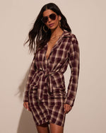 Burgundy/Multi % Archie Cotton Ruched Plaid Shirt Dress-3