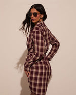 Burgundy/Multi % Archie Cotton Ruched Plaid Shirt Dress-4