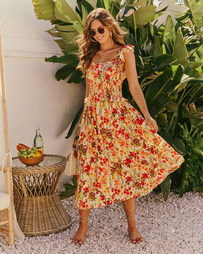 floral midi flare dress Cotton Blush Pink Floral Midi Sundress with Pockets Blush Pink / Small