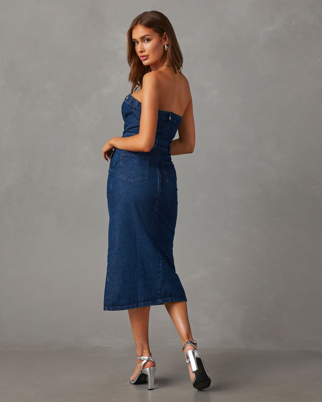 Edgy Era Denim Strapless Midi Dress – VICI