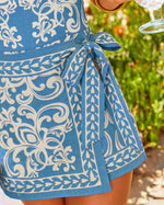 Azure Dream Linen Blend Abstract Wrap Tie Romper