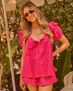 Coral Whisper Gingham Print Mid Rise Shorts