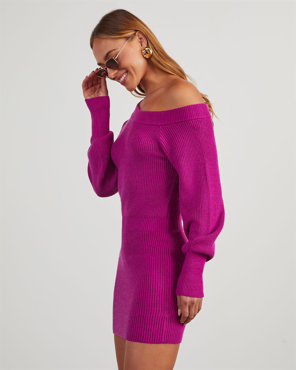 pink off the shoulder sweater dress Petal and Pup Women's Francisco Long Sleeve Mini Dress