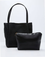 Black % Cenlie Textured Woven Leather Tote Bag-2
