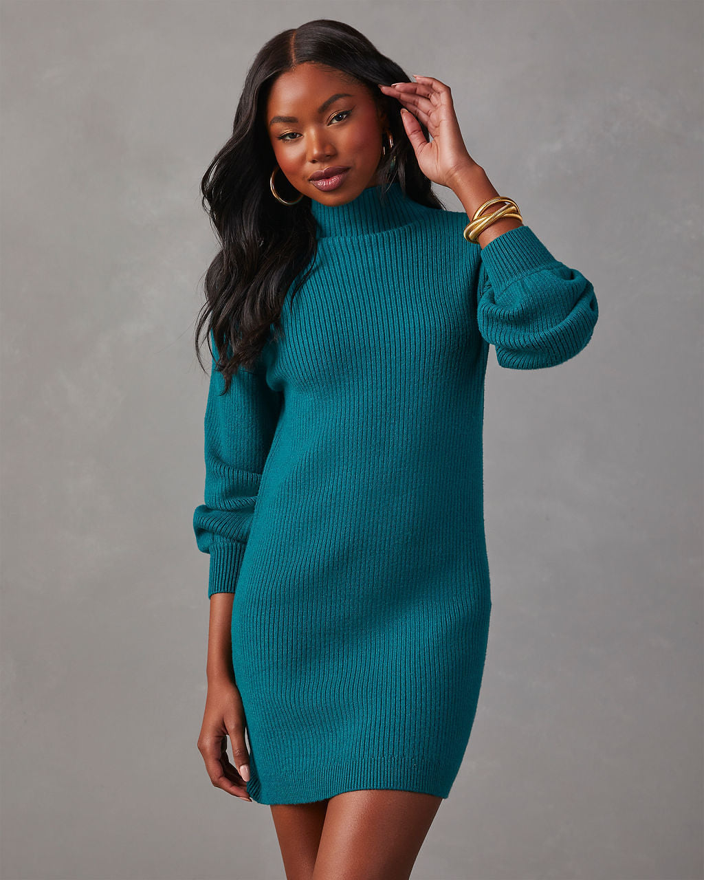teal sweater dress Esprit Plain Jane Green Fair Isle The Curatorial Dept framed by overlapping long sleeves to create a trendy layered effect Ocean Blue Knit Sweater Dress