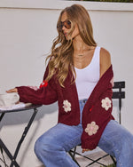 Burgundy Floral % Fallen Daisy Oversized Knit Cardigan-3