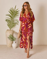 Wine Tropical % Erin Printed Kimono Sleeve Maxi Dress-5