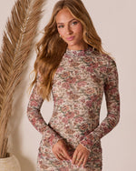 Cream Floral % Emrick Mesh Mock Neck Midi Dress-2