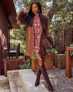 Close Keeps Faux Suede Detachable Faux Fur Trim Coat