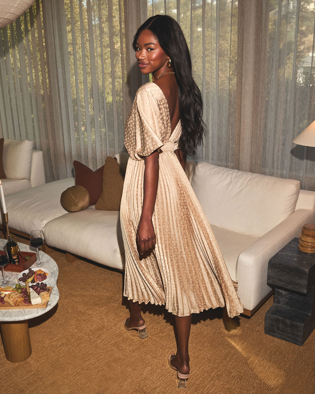 Golden Gatherings Pleated Satin Maxi Dress VICI Golden Gatherings Pleated Satin Maxi Dress VICI