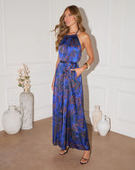 Dark Blue Multi % Holtz Satin Printed Halter Jumpsuit-3