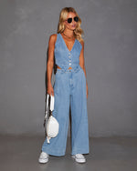 Dallas Wide Leg Pleated Denim Trouser Pant