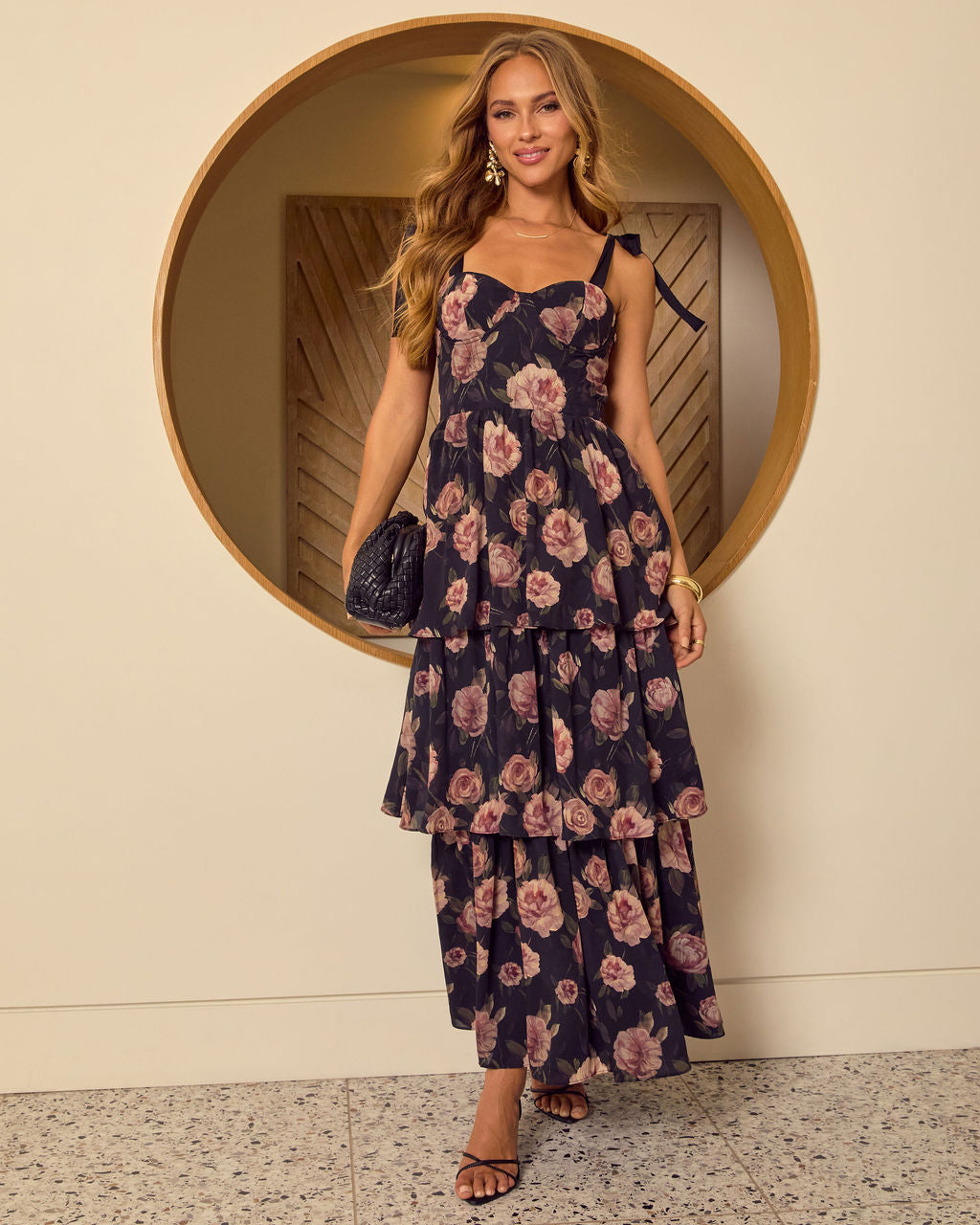bustier tiered maxi dress Everlee Bustier Tiered Maxi Dress Shop American Threads Boutique Blue Floral / XS
