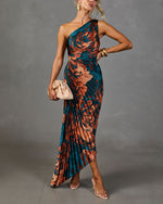 Modern Day Glam Printed One Shoulder Asymmetrical Maxi Dress