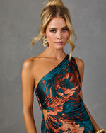 Modern Day Glam Printed One Shoulder Asymmetrical Maxi Dress